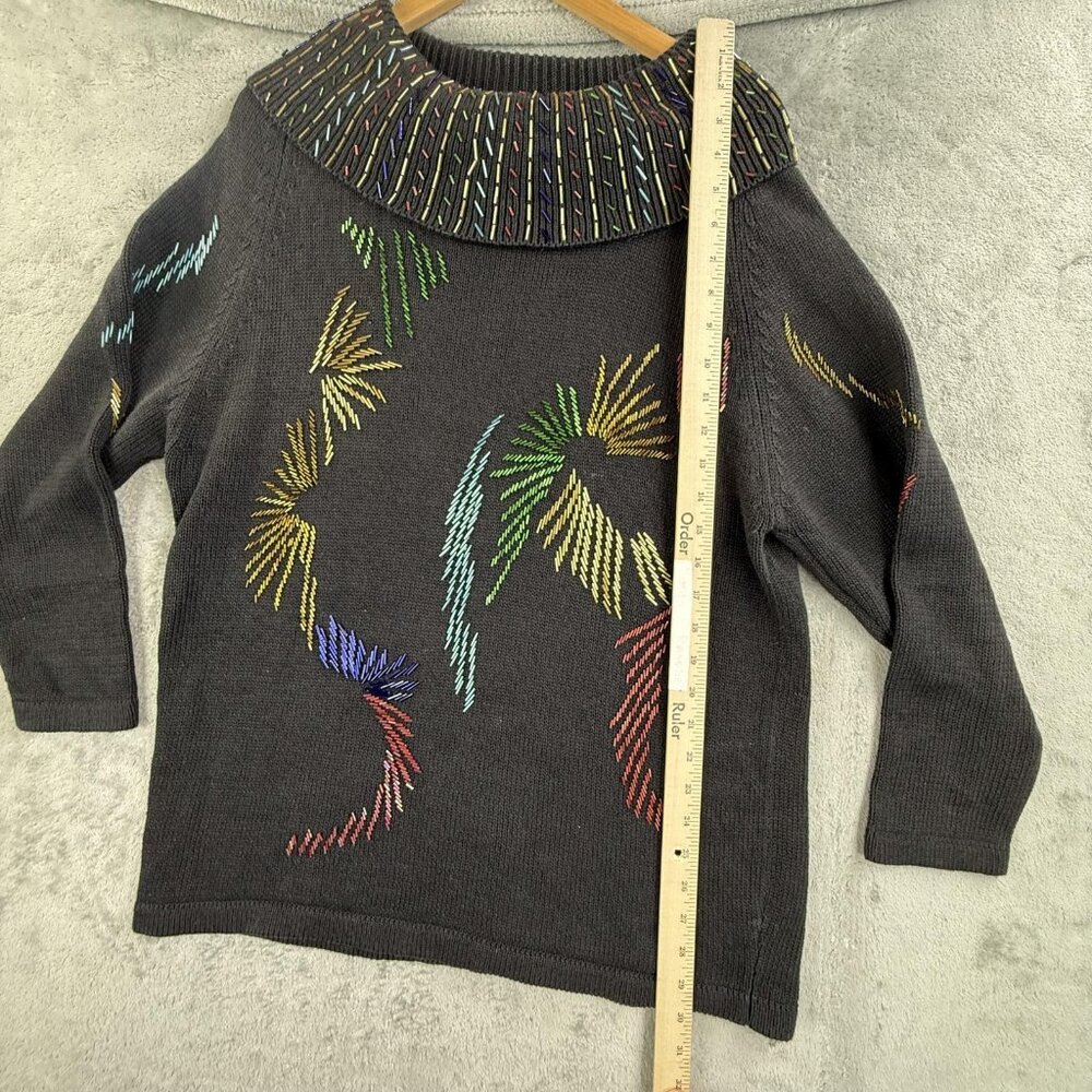 Chelsea Way Sweater Women Medium Black Embroidered Cowl Neck Pullover Tribal Art - Picture 5 of 12